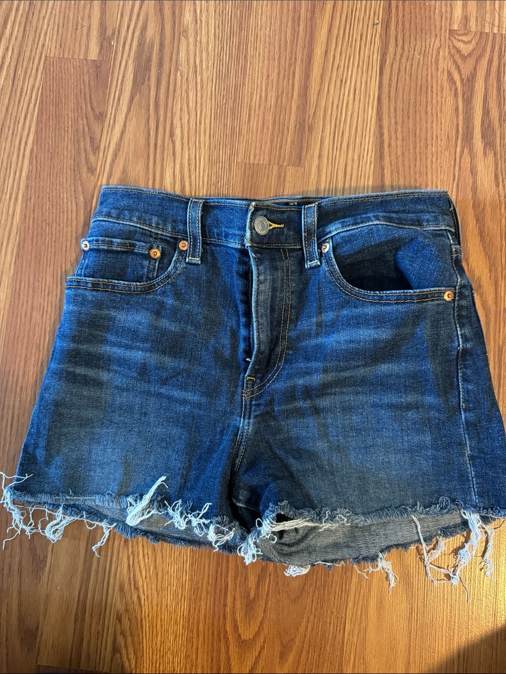 Levi's Dark Blue Denim Jean Shorts with Frayed Hem